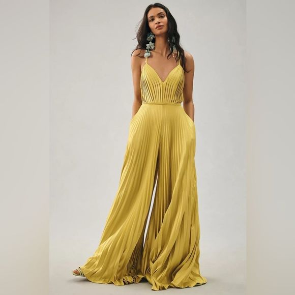 Mac Duggal Pants - Ieena for Mac Duggal Pleated Satin Wide Leg Jumpsuit Chartreuse  Size 2